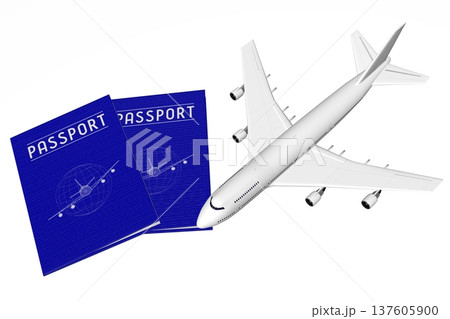 Travel passports and jet plane isolated on white background - 3D illustration 137605900