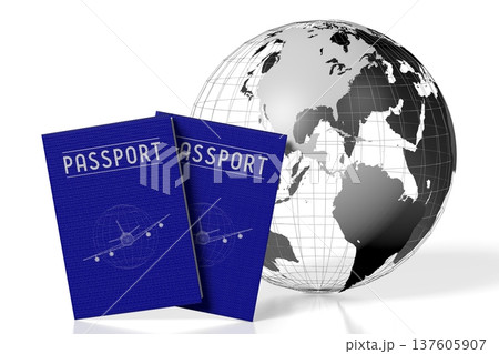 Earth and passports on white background - 3D illustration Earth and passports on white background - 3D illustration 137605907