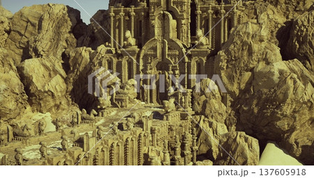 weathered fortress with intricate reliefs, eroded columns and sculpted facades catching warm light, dramatic shadows between boulders, sense of ancient weathered fortress with intricate reliefs, eroded columns and sculpted facades catching warm light, dramatic shadows between boulders, sense of ancient 137605918