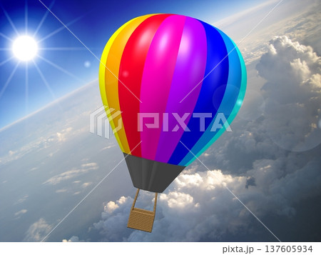 Colorful hot air balloon flying in the air - 3D illustration Colorful hot air balloon flying in the air - 3D illustration 137605934