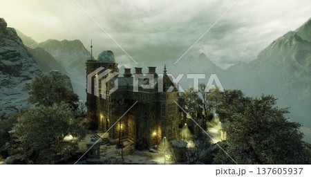 brooding mountain citadel under storm clouds, massive stone walls and crenellated parapets, swirling mist around turrets, pine slopes receding into haze, brooding mountain citadel under storm clouds, massive stone walls and crenellated parapets, swirling mist around turrets, pine slopes receding into haze, 137605937