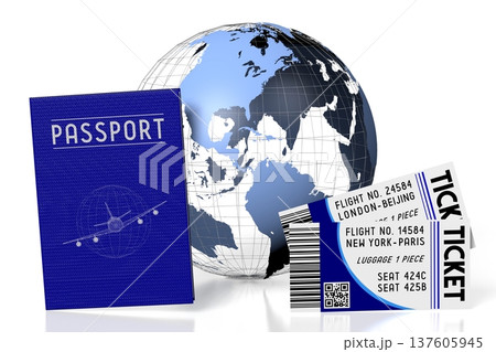 Earth, plane tickets and passports on white background - 3D illustration Earth, plane tickets and passports on white background - 3D illustration 137605945