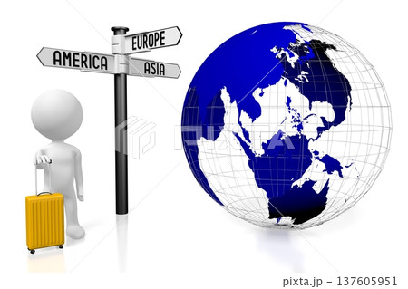 Cartoon character tourist with suitcase, Earth and signpost - travel concept - 3D illustration Cartoon character tourist with suitcase, Earth and signpost - travel concept - 3D illustration 137605951