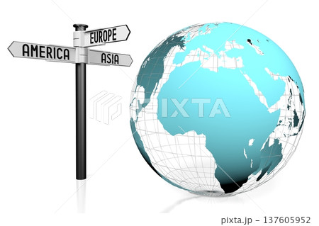 Earth - Europe and Africa side and directional signpost - travel concept - 3D illustration Earth - Europe and Africa side and directional signpost - travel concept - 3D illustration 137605952