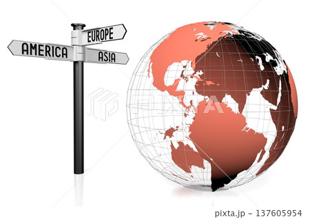 Earth - North and South America side and directional signpost - travel concept - 3D illustration Earth - North and South America side and directional signpost - travel concept - 3D illustration 137605954
