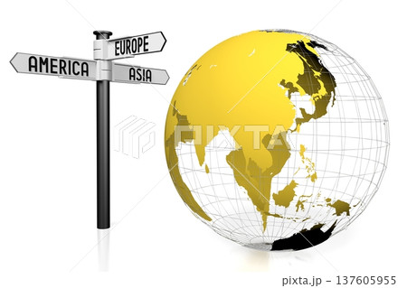 Earth - Asia and Australia side and directional signpost - travel concept - 3D illustration 137605955