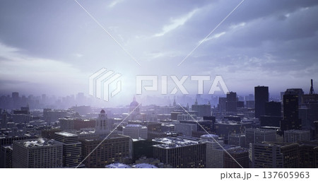Morning glow illuminates skyline, Sunrise bathes cityscape in gentle light and haze, Early morning light highlights towering buildings beneath soft mist Morning glow illuminates skyline, Sunrise bathes cityscape in gentle light and haze, Early morning light highlights towering buildings beneath soft mist 137605963