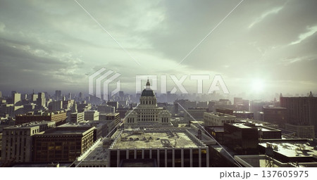 Storm clouds gathering above capitol dome, brooding sky and dramatic light create tense atmosphere over city blocks, strong contrast between shadow and glow, 137605975