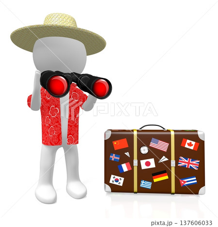 Cartoon character tourist holding binoculars and travel suitcase with many flags - 3D illustration 137606033