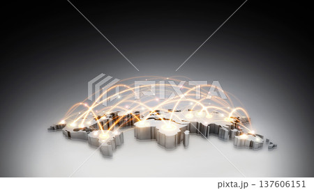 A world map and a complexly intertwined information and communication network, a concept of a future industrial global network. A world map and a complexly intertwined information and communication network, a concept of a future industrial global network. 137606151