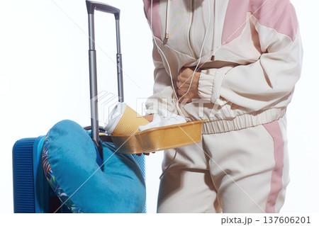 Unwell Woman Holding Airplane Food Tray - Travel Sickness 137606201