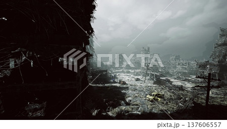 shadowed foreground framing wide ruined expanse and distant broken towers, puddled ground and mottled light create somber visual rhythm implied film production 137606557