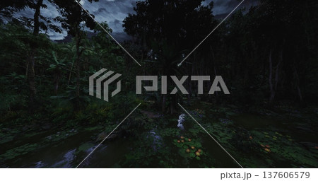 Nighttime swamp with thick vegetation, Darkened wetland saturated with lush plant growth, Nighttime marshlands submerged in rain with abundant dense flora 137606579