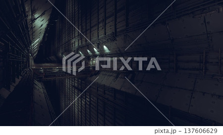 dim industrial tunnel corridor with lamps, maintenance inspection scene suggested by abandoned toolbox and control panel, rusted metal panels, tangle of pipes dim industrial tunnel corridor with lamps, maintenance inspection scene suggested by abandoned toolbox and control panel, rusted metal panels, tangle of pipes 137606629