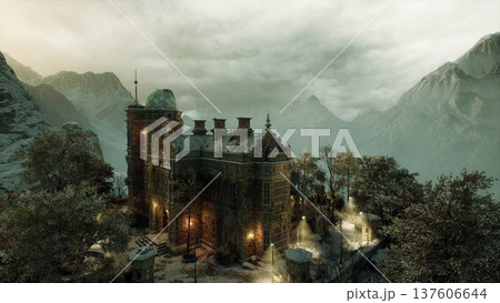derelict baroque estate under overcast sky, weathered stone facades, overgrown trees and misty mountain backdrop, evocative ruin aesthetic ideal for urban 137606644