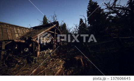 sunlit abandoned mill beside creek with moss covered wheel, flowing stream, battered roof and reflective water creating nostalgic rural scene 137606645