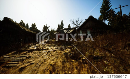 derelict farmhouse and overgrown yard at sunset, broken fence, scattered crates and moss covered shingles creating haunting rural atmosphere derelict farmhouse and overgrown yard at sunset, broken fence, scattered crates and moss covered shingles creating haunting rural atmosphere 137606647