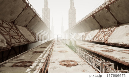 Washed concrete overpass under harsh light, endless vanishing lines, embossed manhole covers, metal catwalk, elevated tracks, sun glare creating blown 137606673