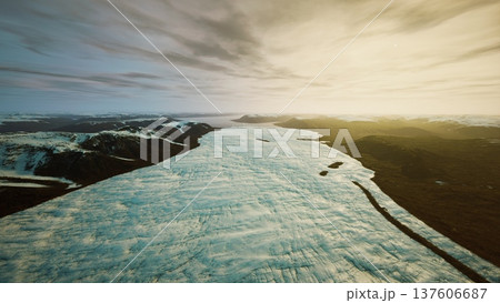 drone surveying glacier under overcast sky, research instruments mapping ice features, rugged ridges, melt channels, scientific expedition ambience, cold 137606687