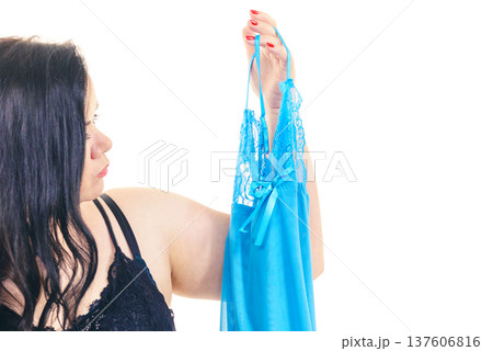 Plus size woman fitting satin nightwear 137606816