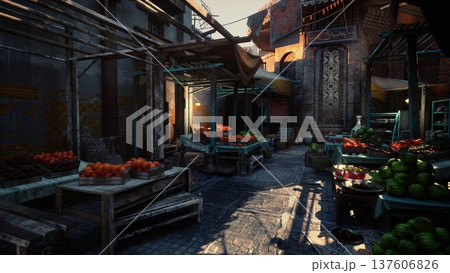 sunlit market alley with crates and produce, sunsetlit narrow bazaar walkway lined with wooden stalls and vibrant fruits and vegetables, cobblestone path 137606826