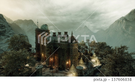 Snowbound mountain fortress at twilight, warm interior lights piercing cold air, smoke curling from chimneys, pine forest hugging stone battlements, lonely keep Snowbound mountain fortress at twilight, warm interior lights piercing cold air, smoke curling from chimneys, pine forest hugging stone battlements, lonely keep 137606838
