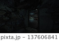 dim cave opening reveals control room with flickering monitors and tangled wiring, damp rock framing doorway, weathered panels and humming generator, shadowed 137606841
