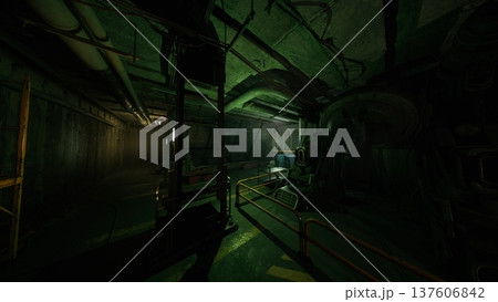 Covert infiltration corridor with security shadows and vent lines, low green illumination and tense atmosphere, ideal for espionage visuals or tactical stealth Covert infiltration corridor with security shadows and vent lines, low green illumination and tense atmosphere, ideal for espionage visuals or tactical stealth 137606842