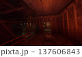 narrow rusted service corridor under red glow, scattered rubble and shallow puddles, low ceiling with hanging cables and ventilation ducts, worn railings 137606843