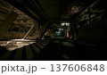 dark industrial underground parking corridor with wet reflective floor and bold safety stripes, low warm overhead lights casting deep shadows across concrete 137606848
