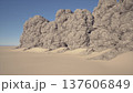 vast sandy desert towering rock formations, windswept dunes meeting textured cliffs under clear blue sky, warm ochre sand and coarse boulder clusters, sharp 137606849
