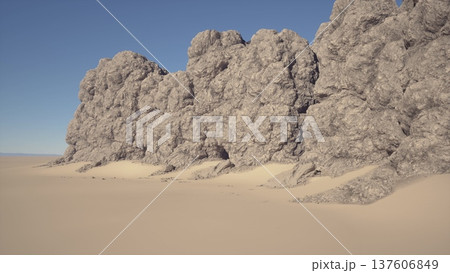 vast sandy desert towering rock formations, windswept dunes meeting textured cliffs under clear blue sky, warm ochre sand and coarse boulder clusters, sharp vast sandy desert towering rock formations, windswept dunes meeting textured cliffs under clear blue sky, warm ochre sand and coarse boulder clusters, sharp 137606849