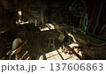 dusty workshop interior with sunbeams cutting through window, aged workbench with saw blade, wagon wheel, scattered tools and sawdust on floorboards, warm amber 137606863