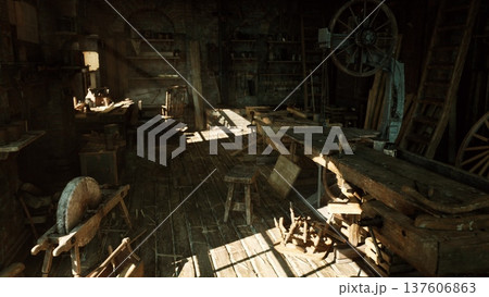 dusty workshop interior with sunbeams cutting through window, aged workbench with saw blade, wagon wheel, scattered tools and sawdust on floorboards, warm amber dusty workshop interior with sunbeams cutting through window, aged workbench with saw blade, wagon wheel, scattered tools and sawdust on floorboards, warm amber 137606863