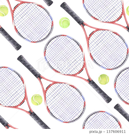Watercolor tennis rackets and balls repeating pattern sports equipment background 137606911