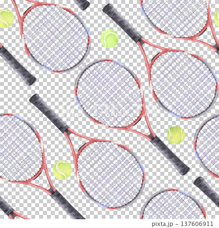 Watercolor tennis rackets and balls repeating pattern sports equipment background 137606911