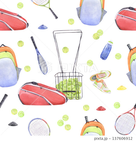 Watercolor tennis equipment pattern with rackets balls bag shoes and water bottle 137606912