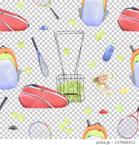 Watercolor tennis equipment pattern with rackets balls bag shoes and water bottle 137606912