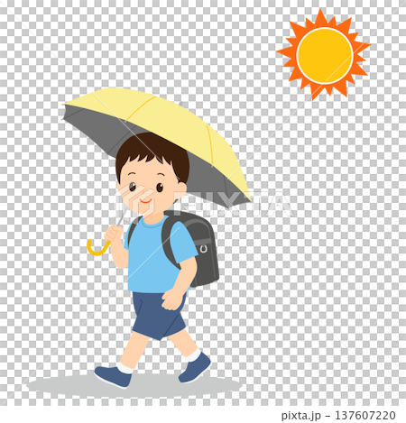 一個男孩撐著陽傘往返學校。 137607220