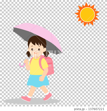 一個女孩撐著陽傘上下學。 一個女孩撐著陽傘上下學。 137607221