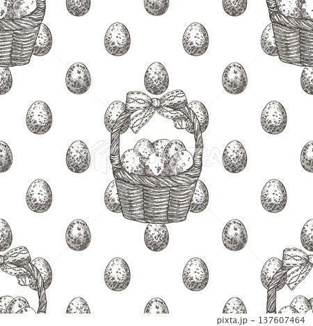 Easter seamless pattern with quail eggs basket black and white background. Hand drawn vector staggered design in vintage sketch style. Outline print ideal for wallpaper or holiday fabric and paper. Easter seamless pattern with quail eggs basket black and white background. Hand drawn vector staggered design in vintage sketch style. Outline print ideal for wallpaper or holiday fabric and paper. 137607464