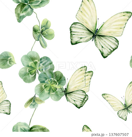 Seamless pattern of three leaf clovers,scattered petal,green butterflies,celebrating St. Patricks Day,Irish heritage.Soft watercolor with fresh greens for festive branding,event decor,cultural designs Seamless pattern of three leaf clovers,scattered petal,green butterflies,celebrating St. Patricks Day,Irish heritage.Soft watercolor with fresh greens for festive branding,event decor,cultural designs 137607507