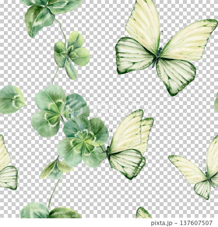 Seamless pattern of three leaf clovers,scattered petal,green butterflies,celebrating St. Patricks Day,Irish heritage.Soft watercolor with fresh greens for festive branding,event decor,cultural designs Seamless pattern of three leaf clovers,scattered petal,green butterflies,celebrating St. Patricks Day,Irish heritage.Soft watercolor with fresh greens for festive branding,event decor,cultural designs 137607507