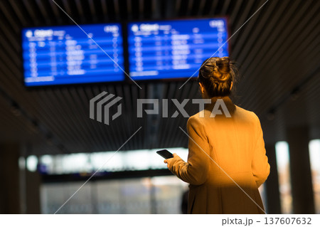 Woman Looking at Train Departure Board from Behind 137607632