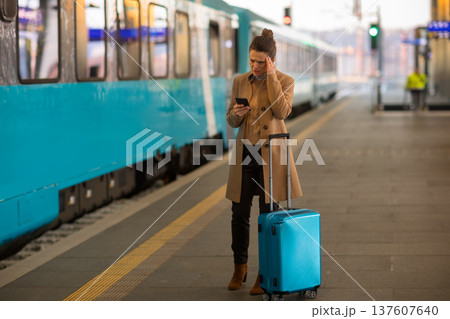 Woman Checking Train Schedule on Smartphone 137607640