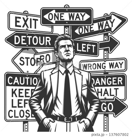 Businessman Confused at Multiple Direction Signs 137607802