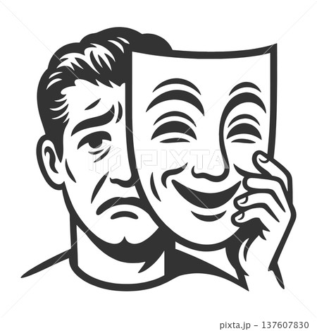Man Holding Smiling Mask Hiding Sadness vector Man Holding Smiling Mask Hiding Sadness vector 137607830