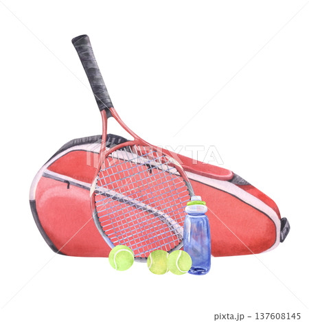 Watercolor red tennis bag rackets balls and water bottle sports equipment illustration Watercolor red tennis bag rackets balls and water bottle sports equipment illustration 137608145