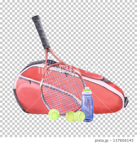 Watercolor red tennis bag rackets balls and water bottle sports equipment illustration Watercolor red tennis bag rackets balls and water bottle sports equipment illustration 137608145