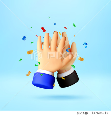 3D Two hands giving a high five with confetti. 3D Two hands giving a high five with confetti. 137608215